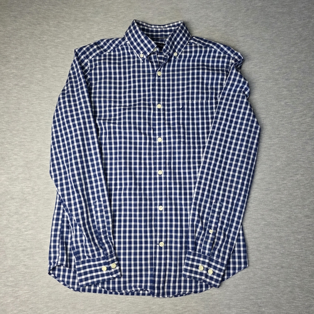 Nautica Navy Blue Checkered Ginham  Men's Shirt Size Small